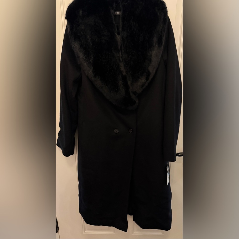 NWT Lauren Ralph Lauren Black Wool Blend Coat with Detachable Faux Fur Collar